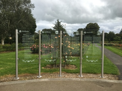 The glass Rose Wall of Honour with the Song 'The Rose of Tralee' and an information text about the 'Rose Garden and Sculpture' and the 'History of the Rose of Tralee Festival'