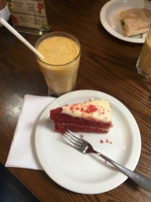 A smoothie and a Red Velvet Cake for a snack
